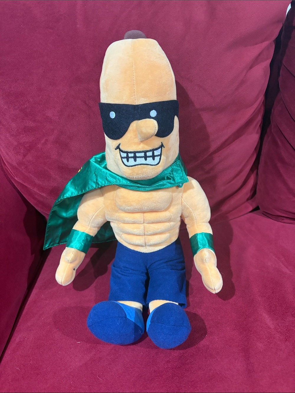 Savannah Bananas large Superhero Plush with Green Cape and Blue Outfit